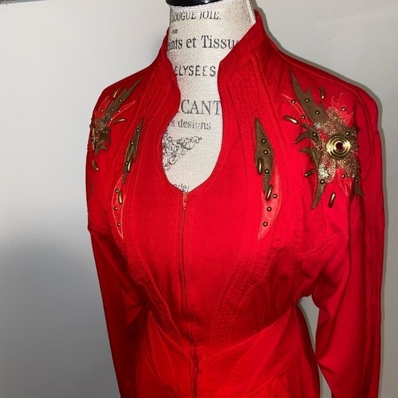 VINTAGE 80’s IIF Gold & Red Lace & Stud Embellished Cocktail Dress Long Sleeve S - Picture 5 of 9